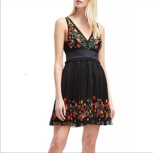 French Connection Amity Lace Dress Embroidered Pleated Black